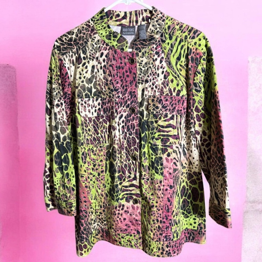 Chico’s Women's Pink and Green Animal Print Button Down Shirt Jacket